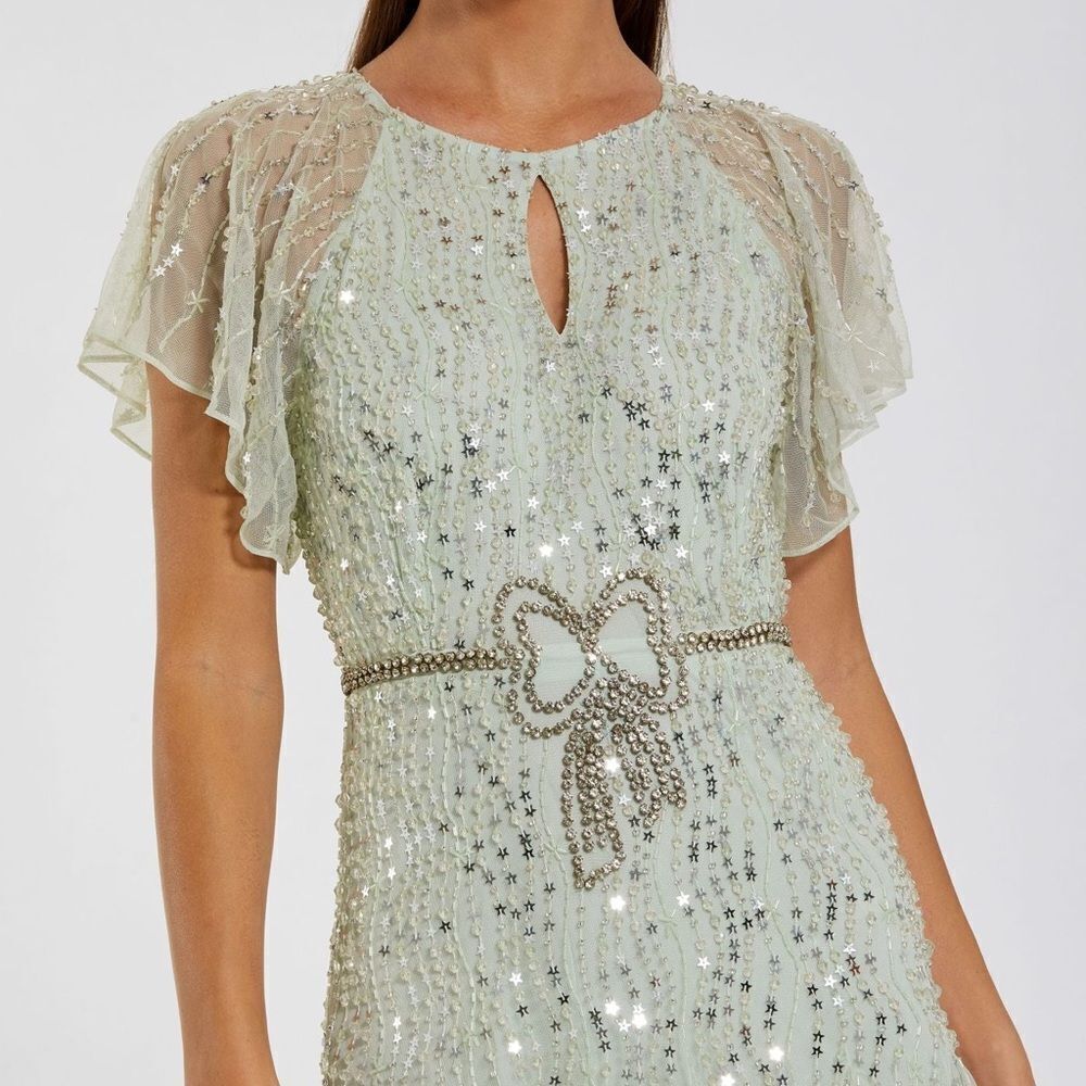 MAC DUGGAL 94128 Green Embellished Bow Flutter Sleeve A Line Midi Dress - Picture 5 of 16